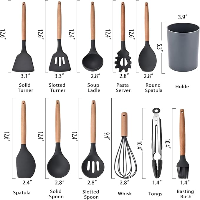 SKYTONE Silicone Kitchen Spatula and Utensils Spoon Set 12-Piece Silicone Kitchen Cooking Utensils Set, Non-Stick Utensils Set Heat Resistant Easy Clean, BPA Free Tools (12, Grey 2.0)