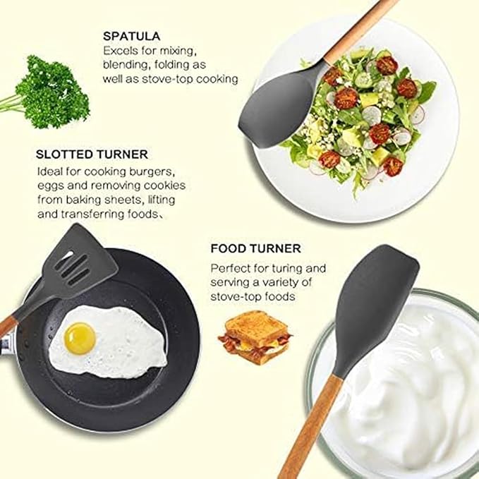 SKYTONE Silicone Kitchen Spatula and Utensils Spoon Set 12-Piece Silicone Kitchen Cooking Utensils Set, Non-Stick Utensils Set Heat Resistant Easy Clean, BPA Free Tools (12, Grey 2.0)