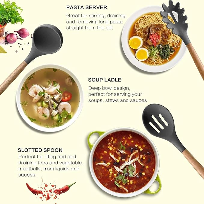 SKYTONE Silicone Kitchen Spatula and Utensils Spoon Set 12-Piece Silicone Kitchen Cooking Utensils Set, Non-Stick Utensils Set Heat Resistant Easy Clean, BPA Free Tools (12, Grey 2.0)