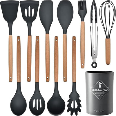 SKYTONE Silicone Kitchen Spatula and Utensils Spoon Set 12-Piece Silicone Kitchen Cooking Utensils Set, Non-Stick Utensils Set Heat Resistant Easy Clean, BPA Free Tools (12, Grey 2.0)