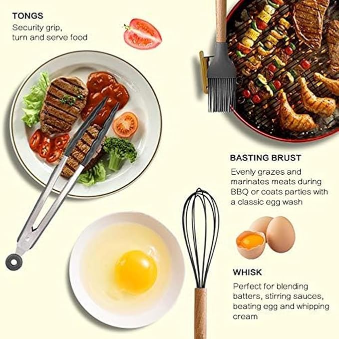 SKYTONE Silicone Kitchen Spatula and Utensils Spoon Set 12-Piece Silicone Kitchen Cooking Utensils Set, Non-Stick Utensils Set Heat Resistant Easy Clean, BPA Free Tools (12, Grey 2.0)